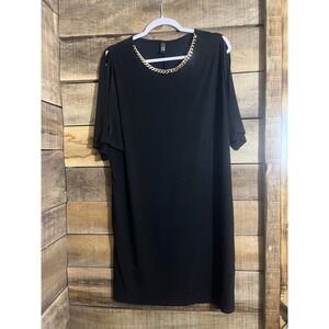 J.T.B. Missy Black Cold Shoulder Shift Dress Gold Chain Neckline Womens Large